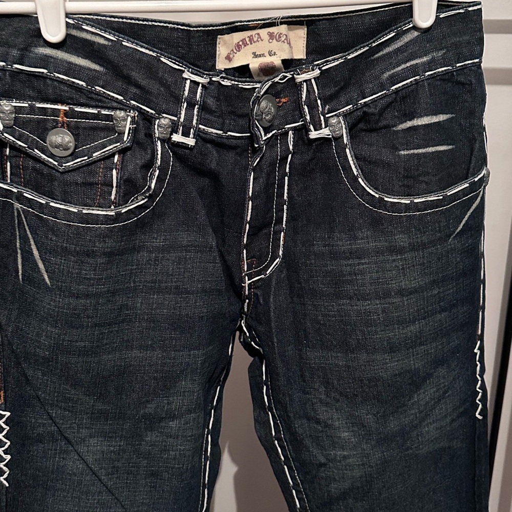 Laguna Beach Men’s Dark Blue Boot Cut Jeans with Contrasting Stitching.